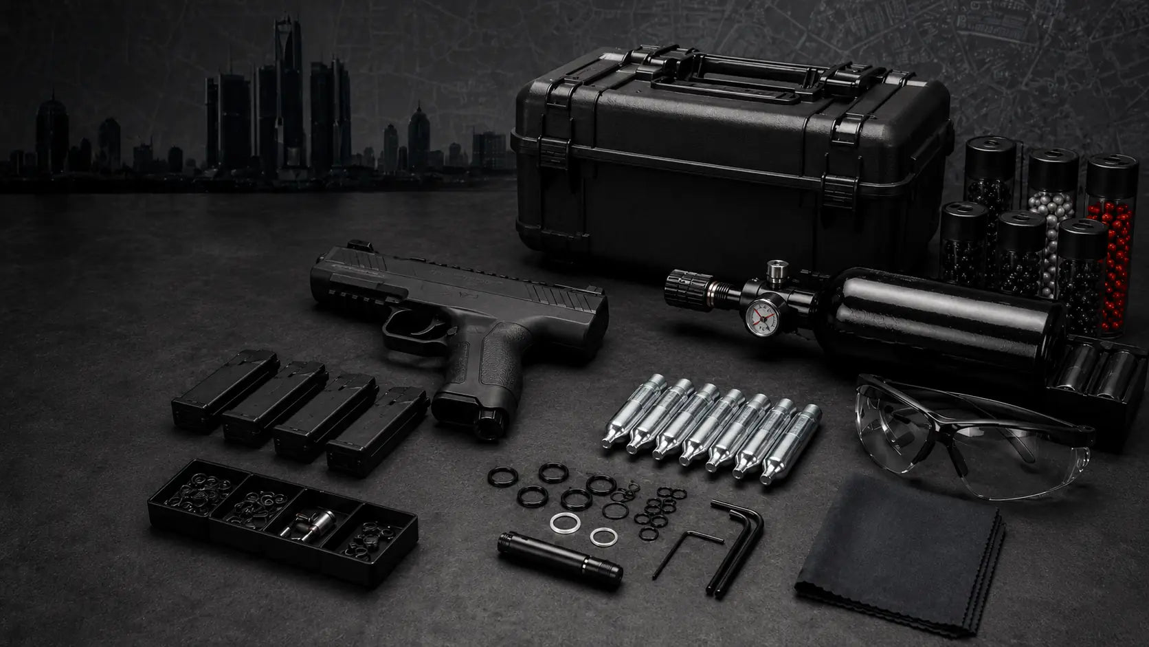 Detroit Less Lethal equipment kit with less-lethal launcher, magazines, air tank, training projectiles, safety glasses, tools, and hard case on a dark Metro Detroit backdrop.
